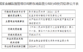 凯里东南村镇银行被罚30万元：未严格执行风险管理及内控制度严重违反审慎经营规则